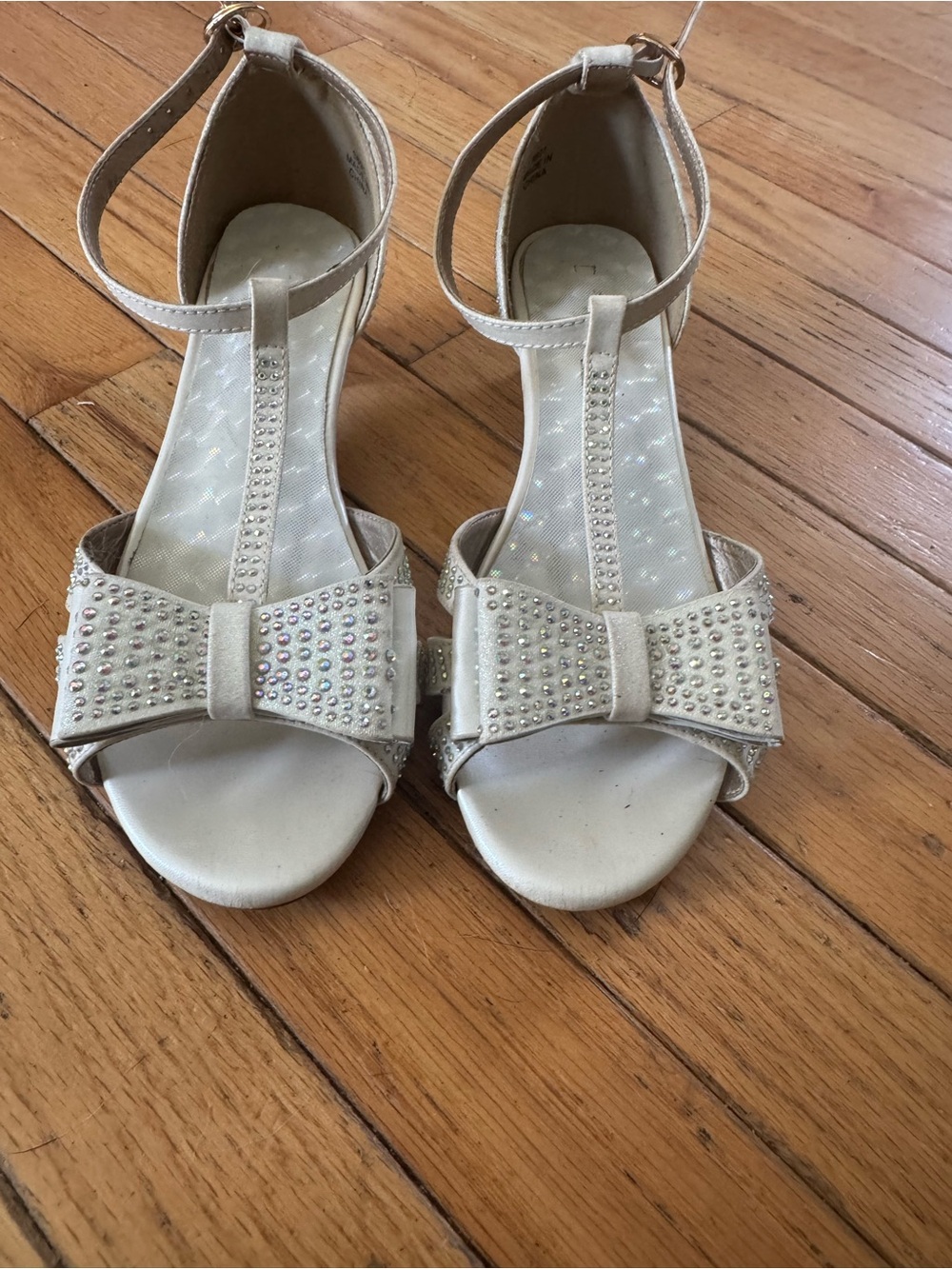 Girls' Cream T-Strap Dress Sandals with Sparkle Bow